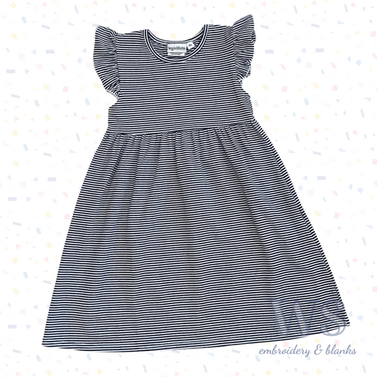 Striped Flutter Sleeve Dress - Navy