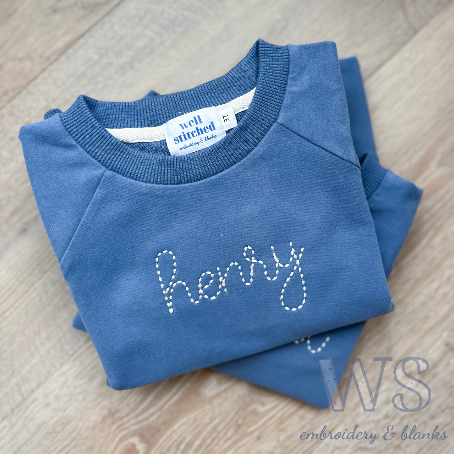Embroidered Kid's Sweatshirt - Blue with Bean Script