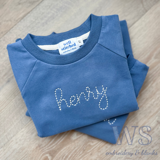Embroidered Kid's Sweatshirt - Blue with Bean Script