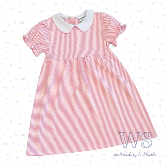 Striped Peter Pan Collar Dress - Pink Short Sleeve