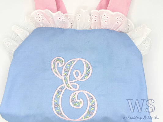 Custom Embroidered Sunsuit Bubble - Blue with Pink Ties