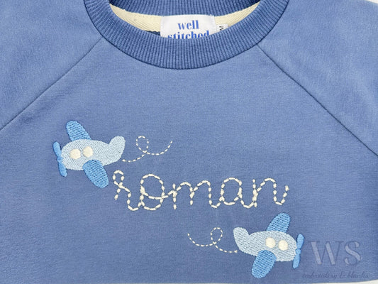 Embroidered Kid's Sweatshirt - Blue with Planes