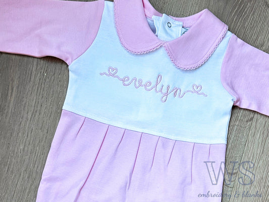 Collared Footie Outfit - Pink with Heart Script