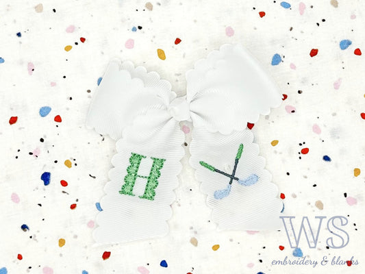 Embroidered Hair Bow - Golf Clubs and Initial