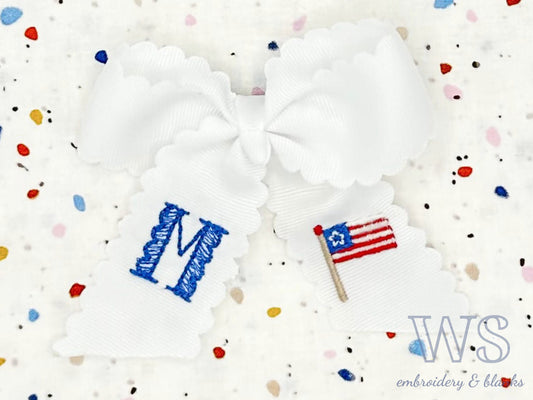 Embroidered Hair Bow - American Flag with Initial