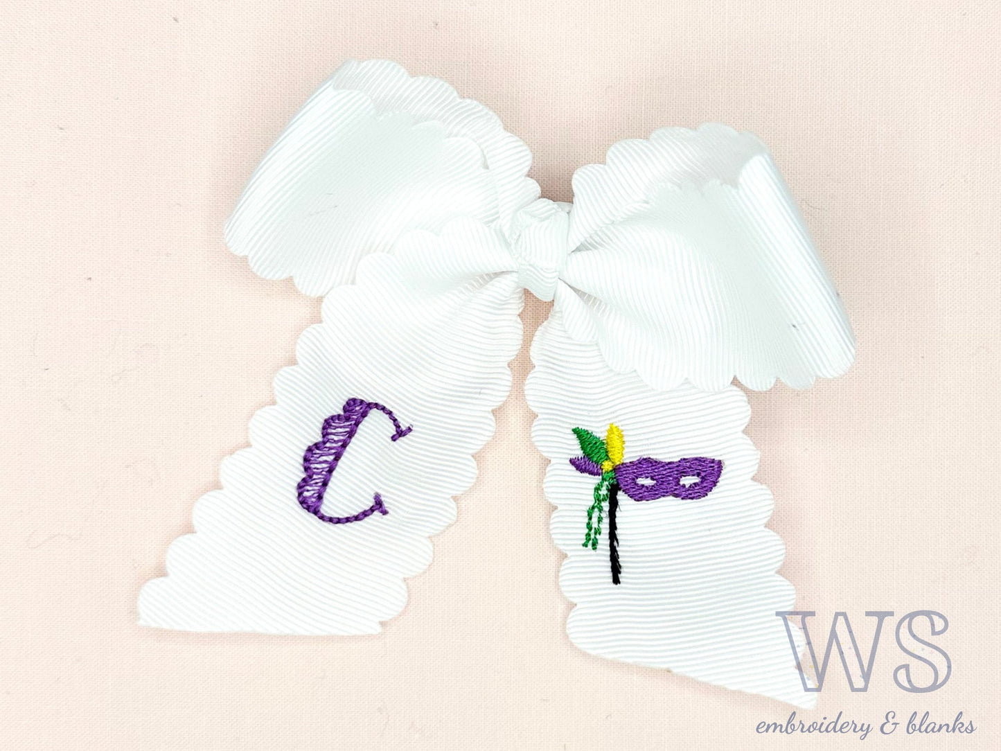 Embroidered Hair Bow - Mardi Gras Mask and Initial