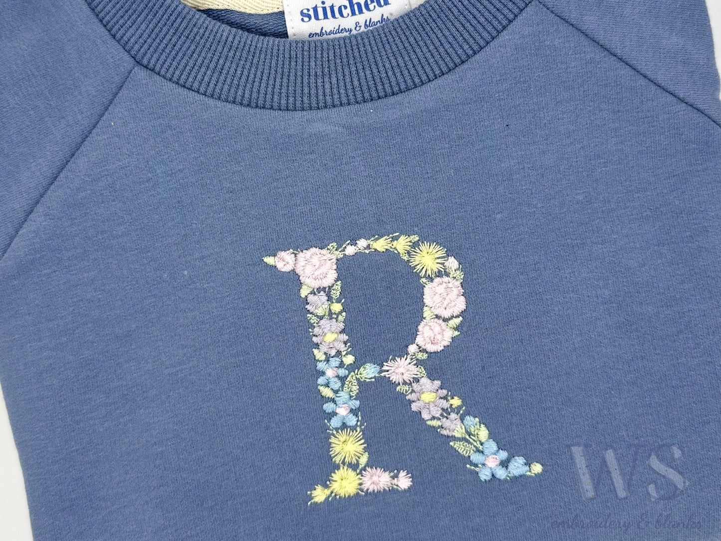 Embroidered Kid's Sweatshirt - Blue with Floral Initial