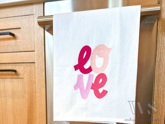 Embroidered Valentine's Day Kitchen Towel - LOVE Script