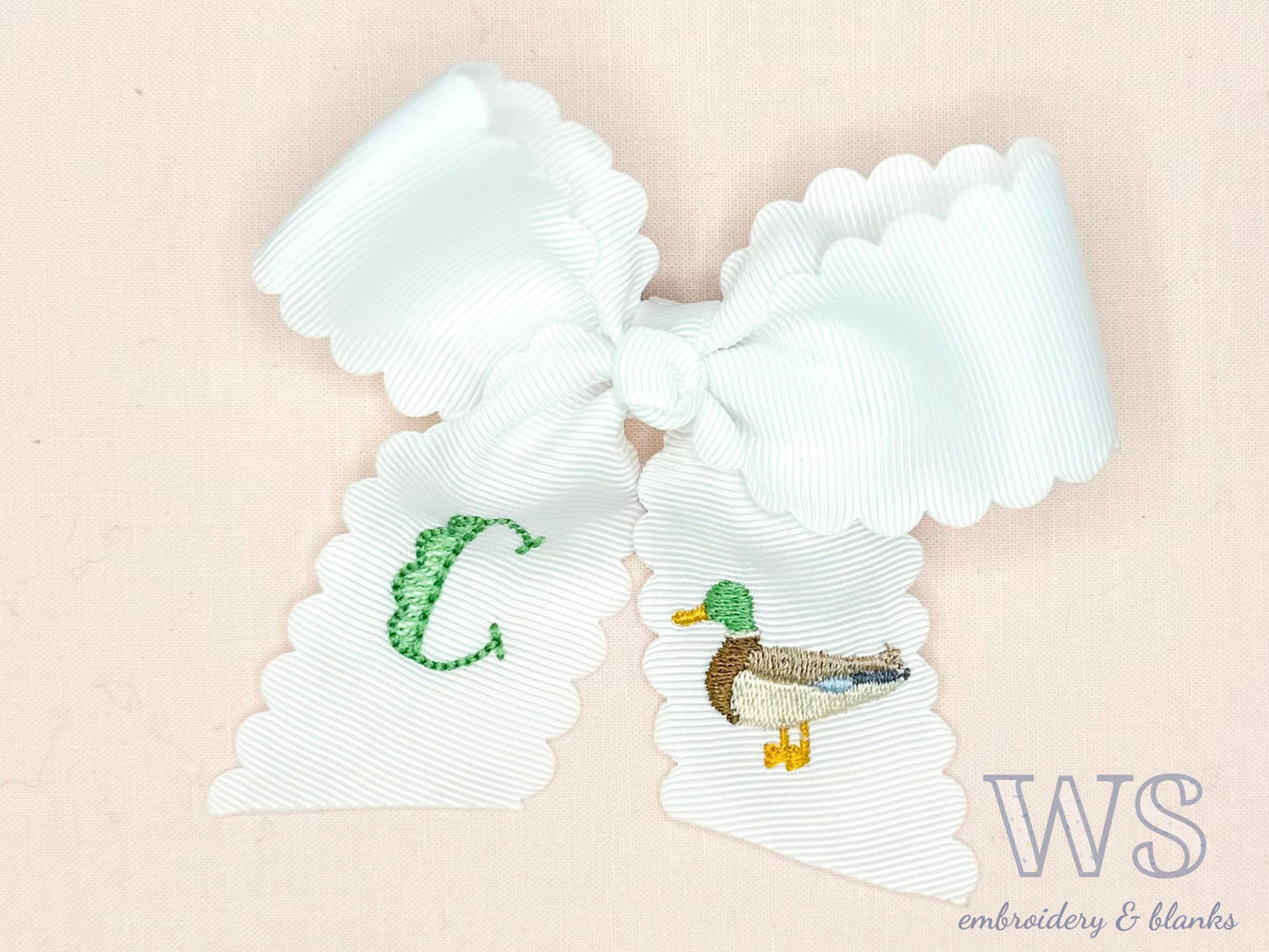 Embroidered Hair Bow - Mallard Duck and Initial